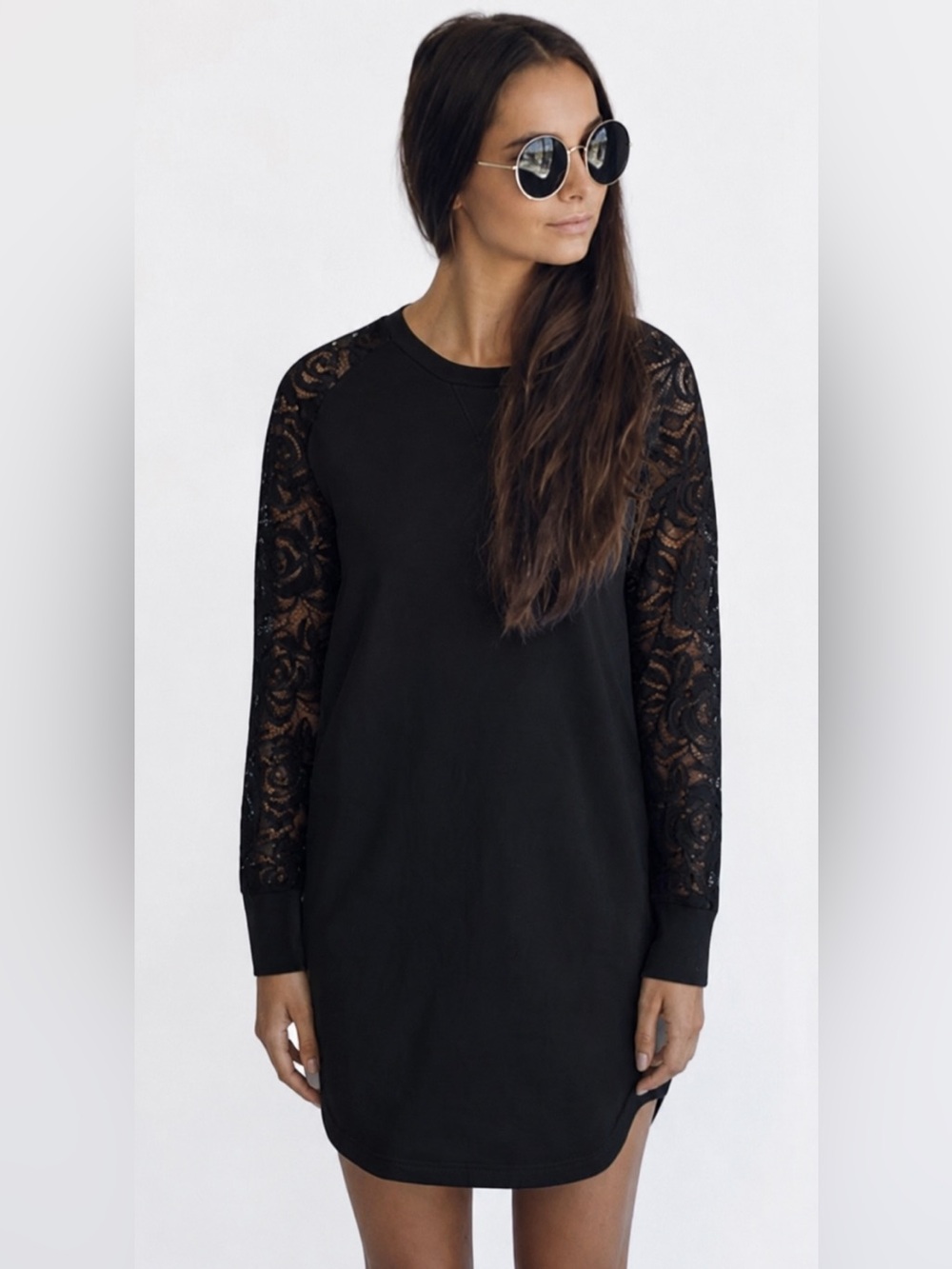 Boutique Shilla Black Sweatshirt Dress Lace Long Sleeves Raglan T-Shirt Large